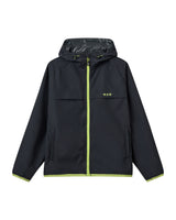 Navy raincoat with green accents on a white background