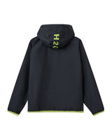 Navy raincoat with green accents on a white background