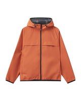 An orange hooded jacket with a black front zipper, black drawstrings, and black trim on the hood, cuffs, and hem, displayed against a solid white background.