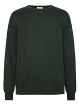 A dark forest green crewneck sweater with long sleeves and ribbed cuffs and hem, shown against a plain white background.