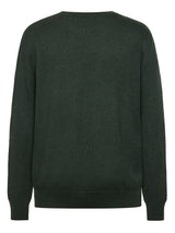 A dark forest green crewneck sweater shown from the back, photographed against a solid white background.