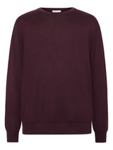 A dark plum-colored crewneck sweater with long sleeves, shown flat against a plain white background.