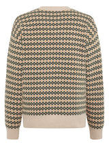 A long-sleeve knit sweater shown from the back, featuring a repeating geometric fair isle pattern in beige, dark gray, and light orange on a white background.