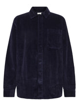 A dark navy blue corduroy shirt jacket with a single chest pocket, shown against a plain white background.
