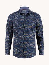 Patterned shirt with a blue background