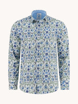 Floral patterned shirt with blue collar on a white background