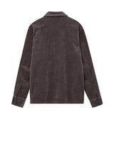 A dark grey corduroy jacket shown from the back, featuring a classic collar and long sleeves with buttoned cuffs, displayed on a clean white background.