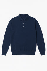 A dark navy blue long-sleeve knit polo sweater with a three-button placket, displayed flat against a clean white background.
