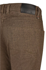 Brown pants with a brand label on a white background