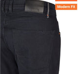 Navy pants with a brand label and 'Modern Fit' text on a white background