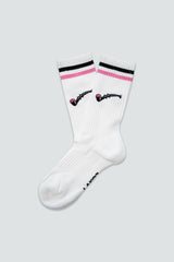 White sock with black and pink accents on a light gray background