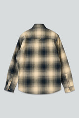 A long-sleeve plaid button-up shirt shown from the back, featuring a cream and dark navy check pattern, photographed against a solid light gray background.