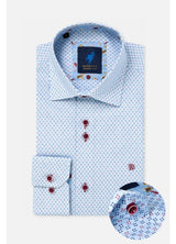 A light blue and wine patterned dress shirt by Berberta J., folded neatly with a circular detail inset showing the button and fabric texture.