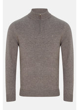 A men's long-sleeve half-zip sweater in a heathered taupe-brown color, featuring a ribbed mock neck, cuffs, and hem, shown against a plain light gray background.