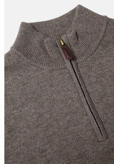 Close-up of a ribbed knit half-zip sweater in taupe brown, featuring a brown leather pull tab with a gold-tone metal tip.