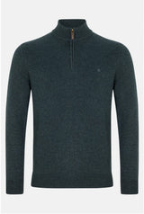 A dark teal-green half-zip sweater with a ribbed mock neck, cuffs, and hem, shown on a light gray background.