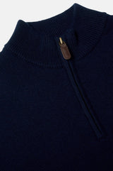Close-up of a navy blue ribbed knit quarter-zip sweater with a brown leather zipper pull on a light gray background.