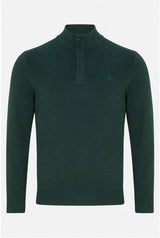 A dark forest green long-sleeve knit sweater with a mock neck and a short button placket, featuring a small embroidered polo player logo on the left chest, displayed on a clean white background.
