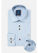 A light blue and white patterned dress shirt by Belstaff, featuring a spread collar, button-down front, and a folded cuff with button details. A circular inset in the bottom right shows a close-up of the shirt's fabric pattern.