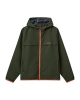 Green raincoat with orange zipper on a white background