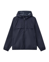 A dark navy hooded jacket with a full front zipper, zippered chest pocket, and side pockets, shown against a plain white background.