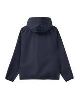 Navy blue jacket with a hood on a light gray background
