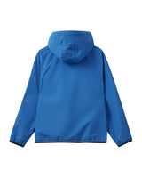 A bright blue hooded jacket shown from the back, featuring a smooth lightweight fabric and black trim along the hem and cuffs, displayed on a clean white background.