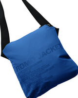 Blue bag with black strap on a white background