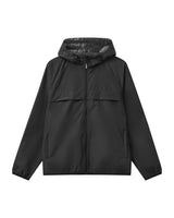 Black jacket with a hood on a light gray background
