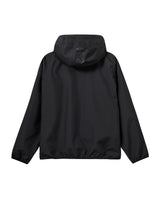 A black hooded jacket shown from the back, featuring a smooth matte finish and elasticized cuffs and hem, photographed against a light gray background.