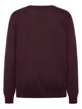 A dark plum-colored knit sweater shown from the back, featuring a crew neck, long sleeves, and ribbed cuffs and hem, set against a plain white background.