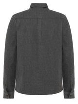 A dark gray textured long-sleeve button-down shirt shown from the back, featuring a collar and a vertical seam down the center back.
