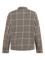 A long-sleeve plaid jacket shown from the navy, featuring a classic black, white, and tan houndstooth pattern on a solid white background.