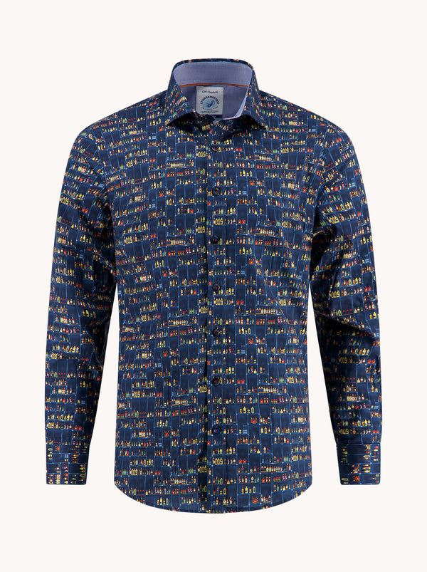 Patterned shirt with a blue background