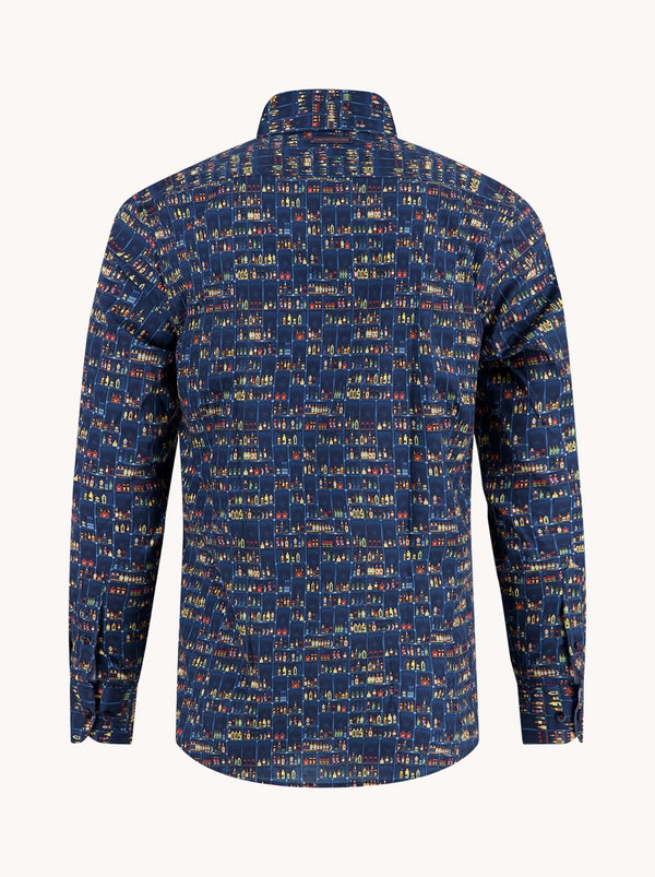 Blue patterned shirt on a white background