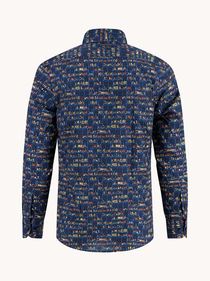 Blue patterned shirt on a white background