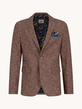 A men's single-breasted blazer in a brown and beige textured tweed fabric, featuring a notched lapel, a single gold-tone button, and a matching patterned pocket square, displayed on a solid off-white background.