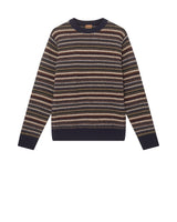 Striped sweater with a pattern of brown, beige, and navy on a white background