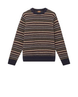 A long-sleeve crewneck sweater with horizontal knit stripes in dark navy, brown, beige, and black, displayed flat against a solid white background.