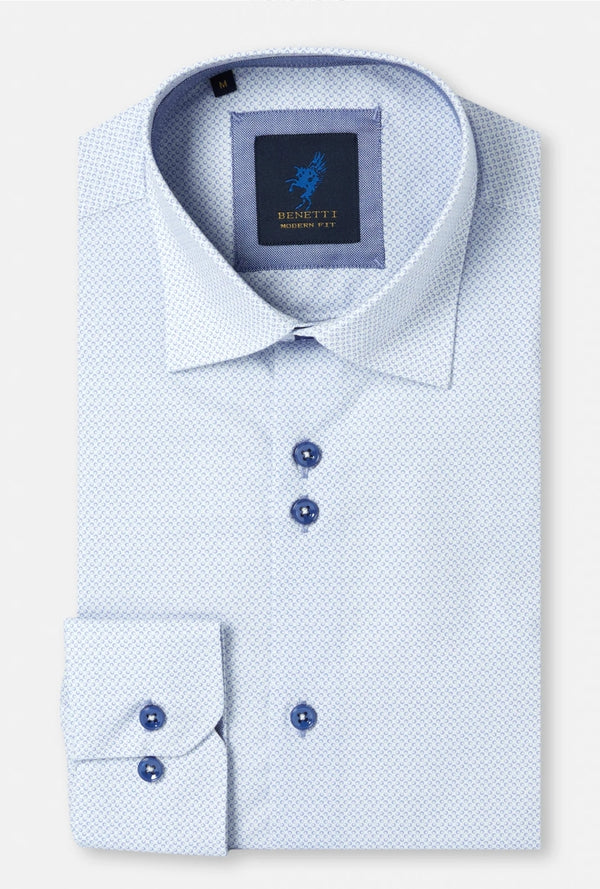 Light blue dress shirt with subtle pattern on a white background