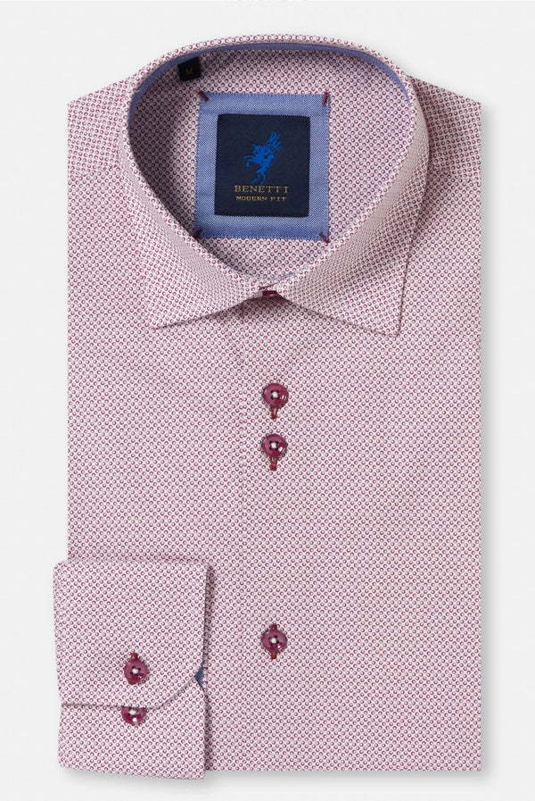 Pink patterned dress shirt with a blue label on a white background