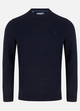 Navy blue sweater on a light gray background