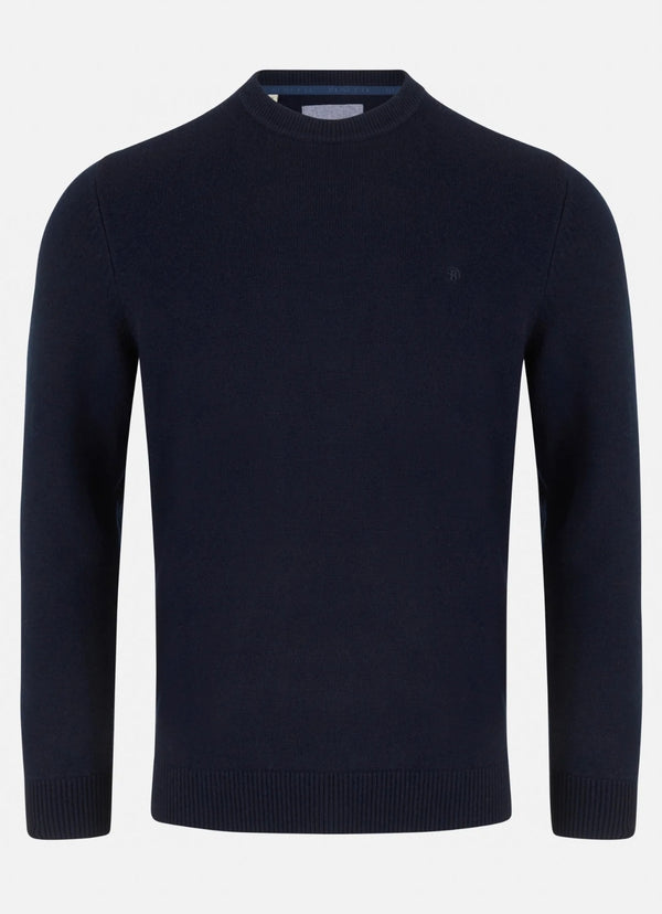 Navy blue sweater on a light gray background