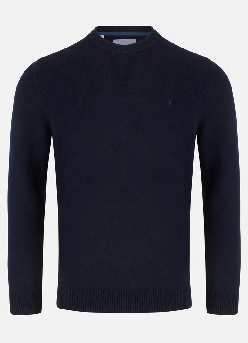 Navy blue sweater on a light gray background