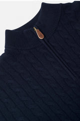 Close-up of a navy blue cable knit sweater with a textured collar and wooden button.