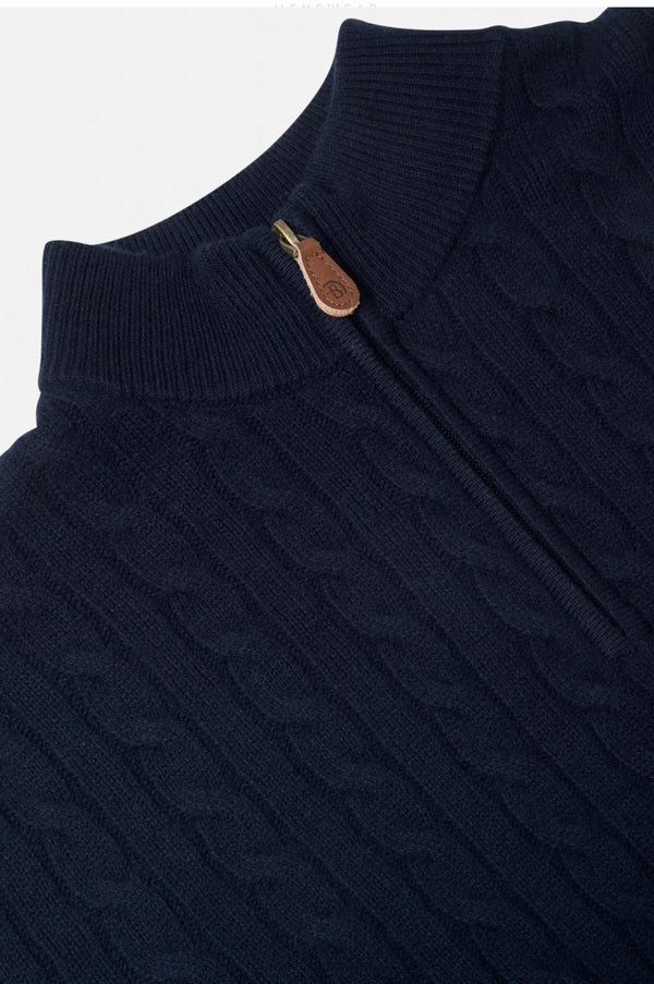 Close-up of a navy blue cable knit sweater with a textured collar and wooden button.