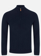 Navy cable knit sweater with a quarter zip on a light gray background