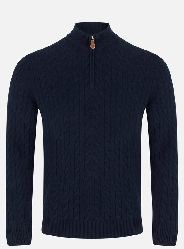 Navy cable knit sweater with a quarter zip on a light gray background