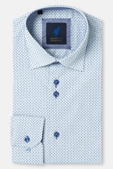 Blue patterned dress shirt with collar label on a white background