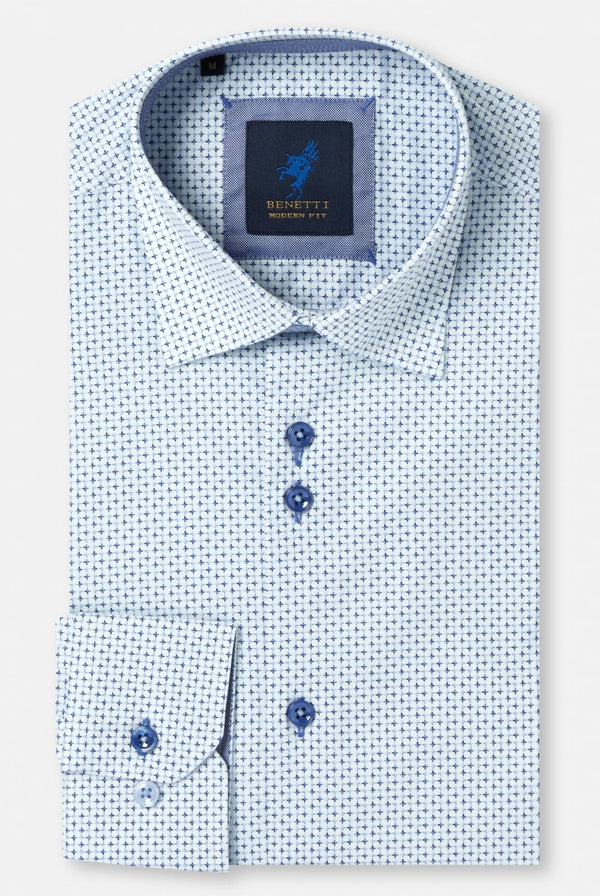 Blue patterned dress shirt with collar label on a white background